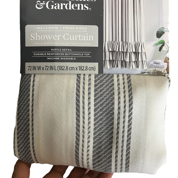 BH&G Striped Ruffle Skirt Printed Fabric Shower Curtain, Charcoal/White - Picture 4 of 6